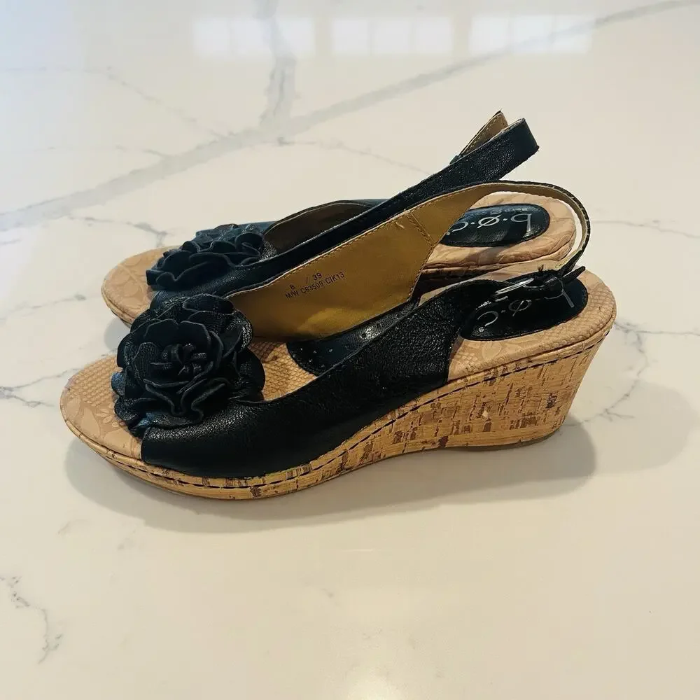 Born BOC Concept Sandals Sz 8 Leather cork Wedge Slingback Rosettes